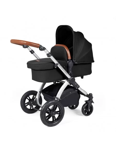 Ickle Bubba Stomp Luxe Silver Frame All in One Premium i-Size Travel System With Isofix Base-Midnight/Tan Handle Ickle Bubba