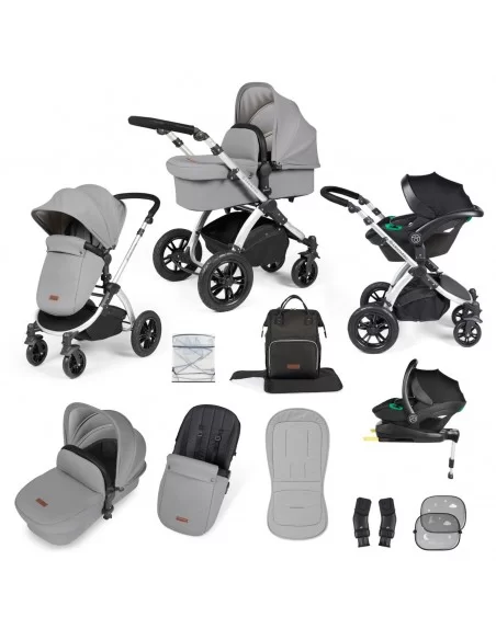 Ickle Bubba Stomp Luxe Silver Frame All in One Premium i-Size Travel System With Isofix Base-Pearl Grey/Black Handle Ickle Bubba