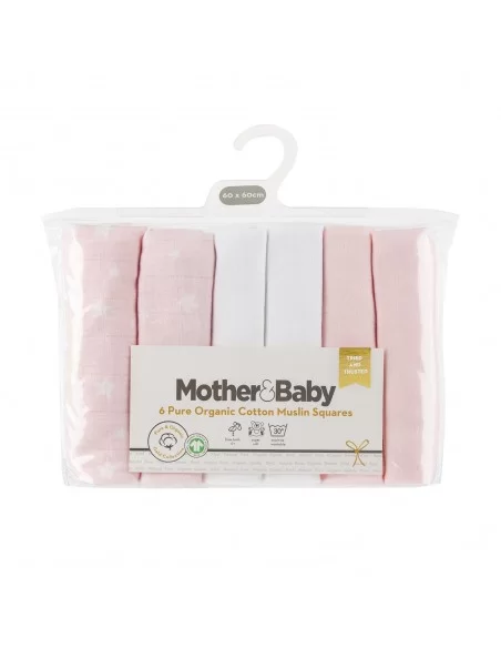 Mother&Baby Muslins 6 pack GOTS Organic Cotton-Pink Star Mother&Baby