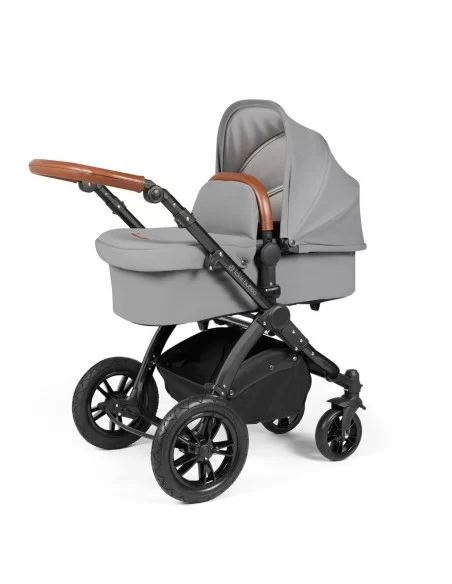 Ickle Bubba Stomp Luxe Black Frame All in One Premium i-size Travel System With Isofix Base-Pearl Grey/Tan Handle Ickle Bubba