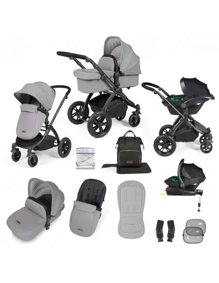 Ickle Bubba Stomp Luxe Black Frame All in One Premium i-Size Travel System With Isofix Base-Pearl Grey/Black Handle Ickle Bubba