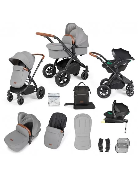 Ickle Bubba Stomp Luxe Black Frame All in One Premium i-size Travel System With Isofix Base-Pearl Grey/Tan Handle Ickle Bubba