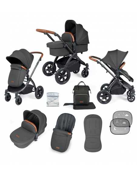 Ickle Bubba Stomp Luxe Black Frame 2in1 Travel System-Charcoal Grey/Tan Handle Ickle Bubba